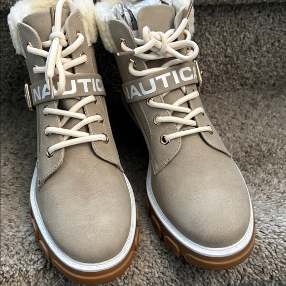 Nautica Beige Shearling-Trim Lug Sole Ankle Boots - Picture 7 of 7